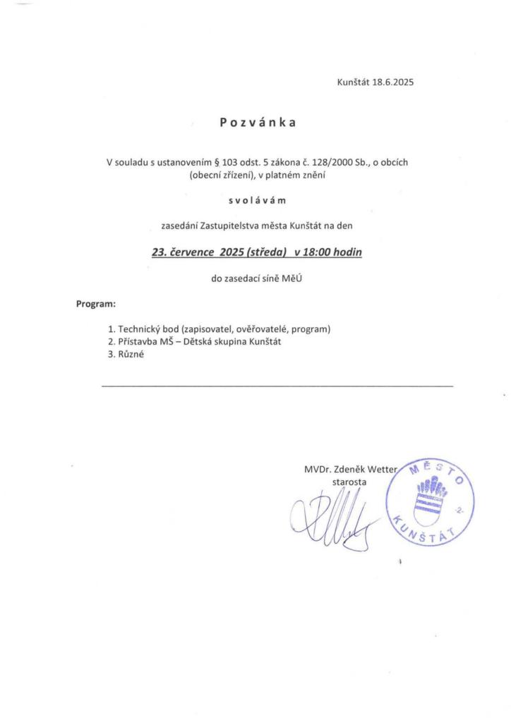 Pozvánka na zasedání zasedání zastupitelstva města dne 23.07.2025