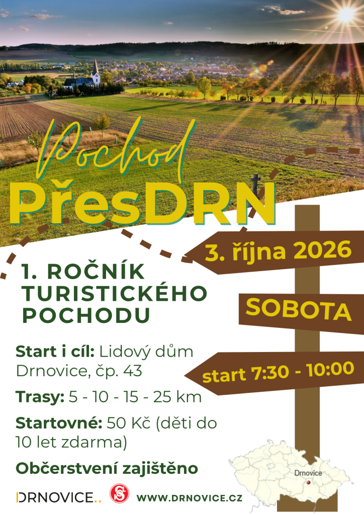 Vážení občané, zveme vás na&nbsp;1. ročník turistického pochodu PřesDRN, který se&nbsp;uskuteční v&nbsp;sobotu 3.&nbsp;října. Na&nbsp;výběr budou trasy 5, 10, 15&nbsp;a 25&nbsp;kilometrů, start je od&nbsp;7:30 do&nbsp;10 hodin v&nbsp;Lidovém domě v&nbsp;Drnovicích, občerstvení je zajištěno. Přijďte se&nbsp;projít podzimní krajinou a&nbsp;užít si příjemný den – těšíme se&nbsp;na vás!