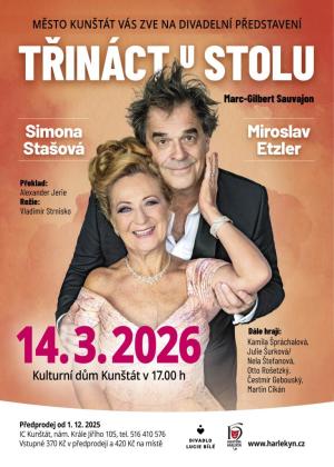 Město Kunštát vás zve na divadelní představení se Simonou Stašovou a Miroslavem Eczlerem. Předprodej již od 1.prosince 2025